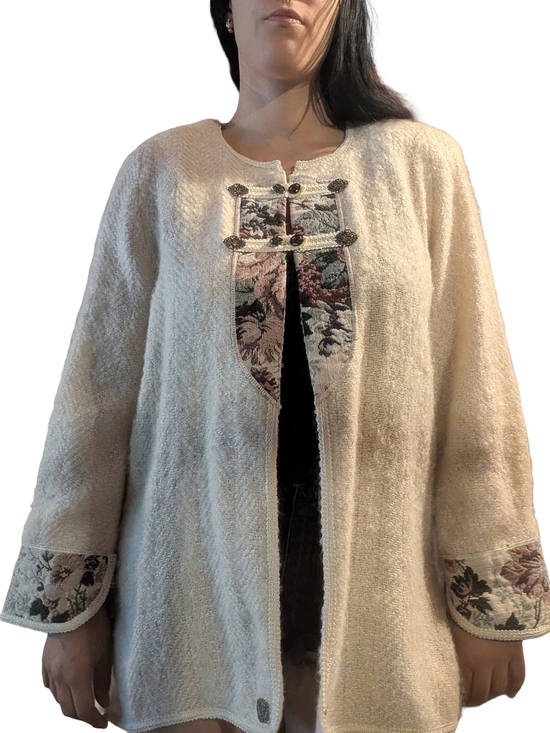 Jackets & Blazers - Cream Textured Open Front Women's Jacket In Wool with Floral Trim